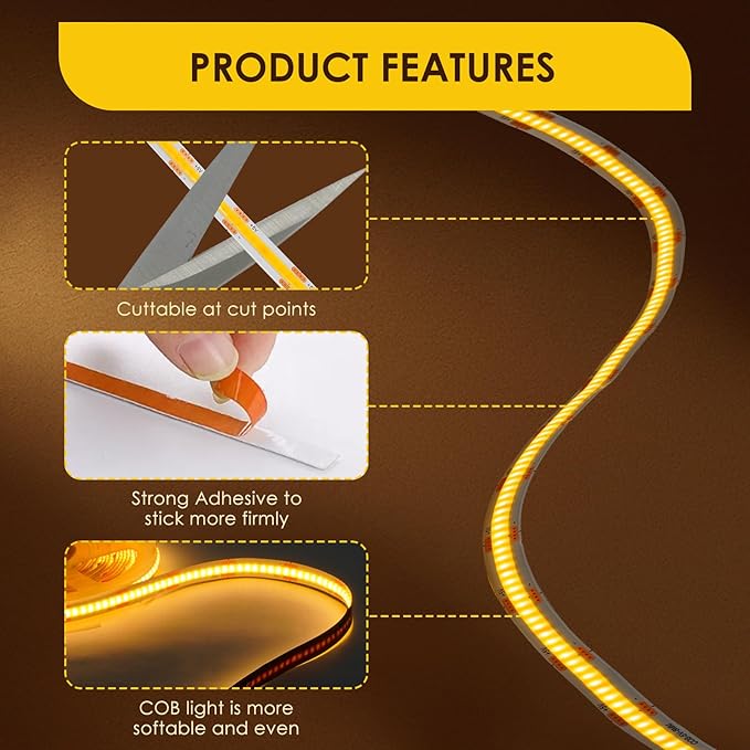 5V 6.56ft USB LED Light Strip, COB LED Strip Lights, High Brightness Tape Lights, Warm White 3000K LED Strip Lights for TV,Cabinet,Kitchen, Living Room and Shelving
