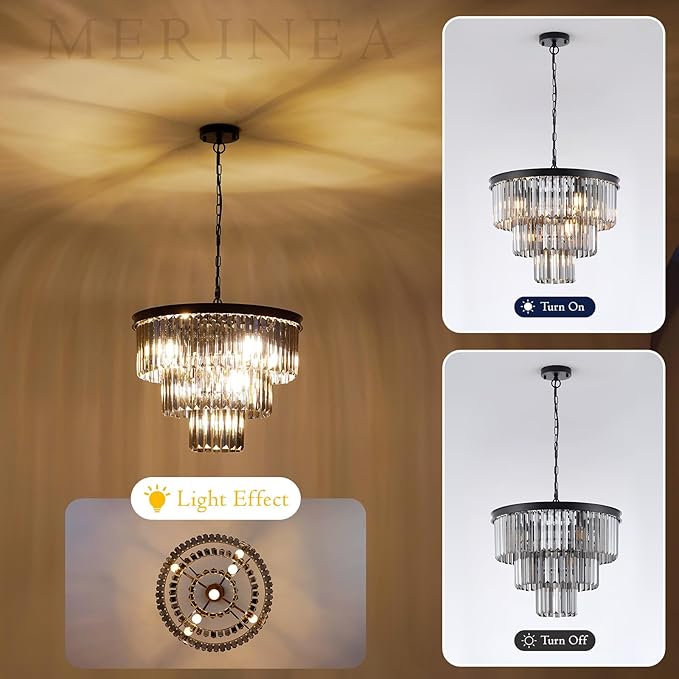 Smoke Gray Crystal Chandeliers Black Round 20" Chandelier Modern 3 Tiers 7-Light Ceiling Pendant Light Fixture Luxury K9 Crystal Lighting for Dining Room Bedroom Kitchen Foyer