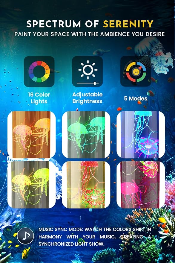 Jellyfish Lamp with 20W Bluetooth Speaker, 16 Color Changing Mood Lamp, 4 Modes Aquarium Night Light for Kids, Gift for Adults, Kids, Sensory Lights for Autistic Children