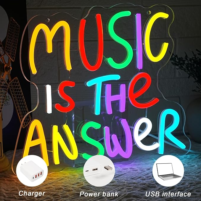 Music Is The Answer Neon Sign for Wall Decor Live Music Neon Light Colorful Letter Neon Light Sign Dimmable LED Word Light Sign for Studio Concert Home Party Bar Kidsroom Bedroom