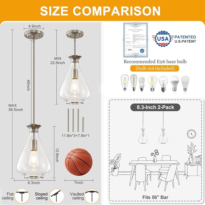 Modern Pendant Lights Kitchen Island, 1 Pack Brushed Nickel Pendant Light Fixtures with 8.5" Clear Glass Shade,Industrial Hanging Pendant Lights Fixture for Kitchen Island Dining Room Bedroom Entryway