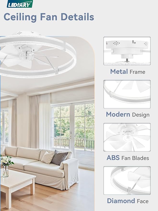 LEDIARY 24'' Low Profile Ceiling Fans with Lights and Remote, White, 2 Pack | 3000-6000K Dimmable LED, 6 Wind Speeds, Quiet Reversible DC Motor, Small Flush Mount Fandelier for Bedroom, Living Room