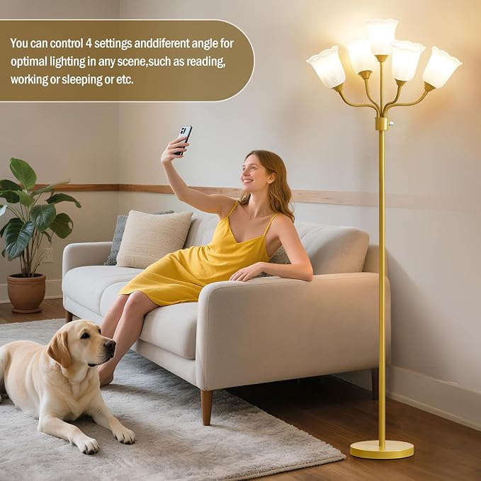 Medusa Floor Lamp, Multi Head Modern Tall Lamp with Adjustable Gooseneck Standing Gold Lamps for Living Room Kids Room&Bedroom-5 White Lampshades-Bulb Not Included