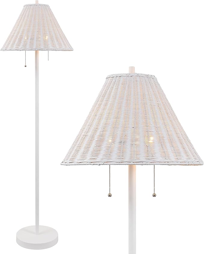 JONATHAN Y Nando 2-Light Coastal Rattan Floor Lamp 61", White | Mid-Century Modern, Standing Lamp, Metal Base, Pull-Chain Switch, Woven Coolie Shade, LED Bulbs Included