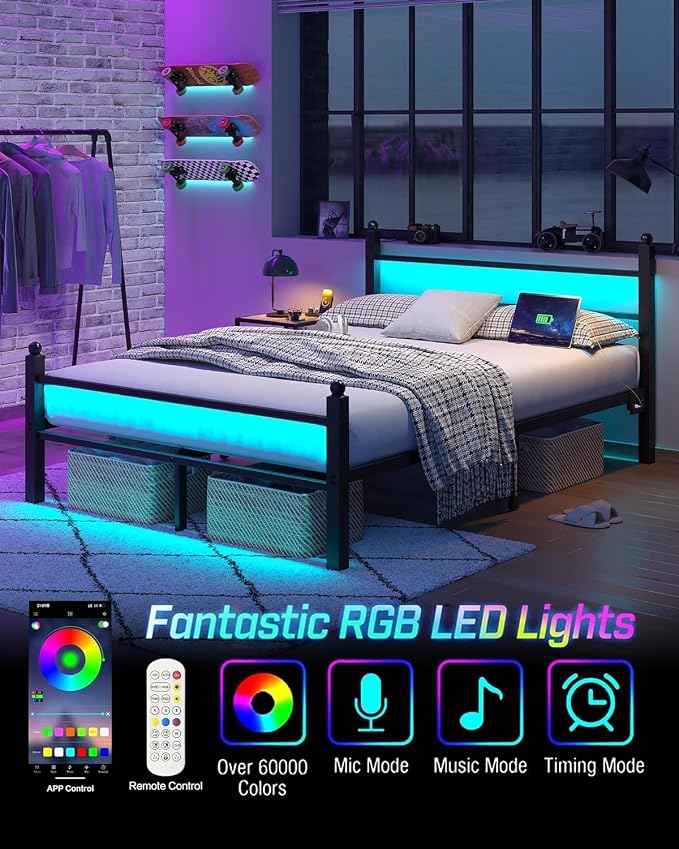 CollaredEagle Queen Bed Frame with LED Lights and Charging Station, Black | Queen Size/ Metal Frame/ Built-in Charging Station/ RGB LED Lights/ Noise-Free/ 10.8 inch Under-Bed Storage
