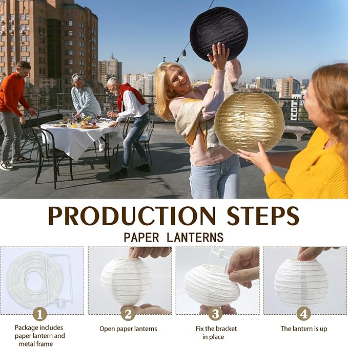 15pcs Paper Lanterns Black Gold Round Hanging Chinese Paper Lanterns 4" 6" 8" 10" 12" for Bachelorette Engagement Wedding Baby Bridal Ner Year Party Decorations