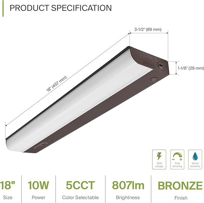 ASD 20 Pack 18 Inch Hardwired LED Under Cabinet Lights, On/Off & 5CCT Switch 2700K-5000K, 10W 807LM CRI90, Direct Wire Low Profile Linkable Fixture, Dimmable Under Counter Kitchen Lighting, Bronze, UL