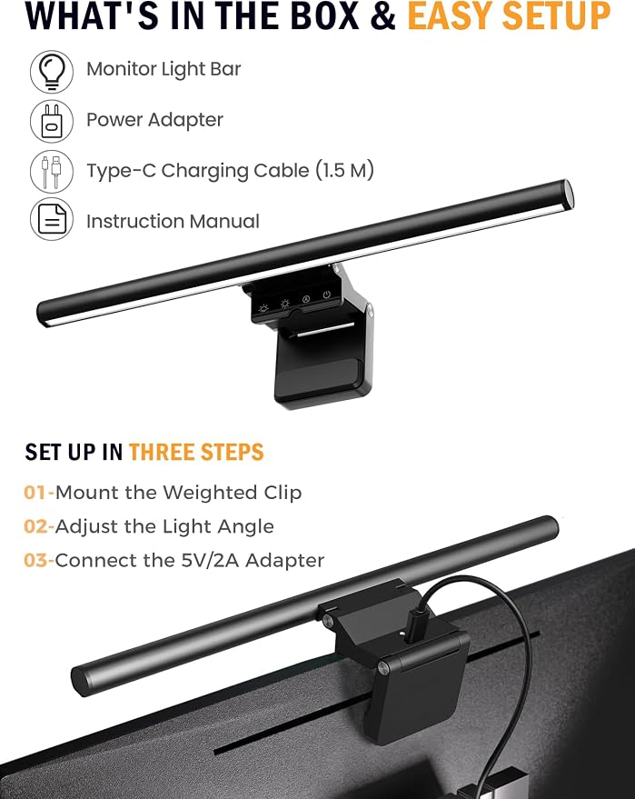 Monitor Light Bar 15.8", No-Glare Asymmetric Desk Screen Lamp | Auto-Dimming USB Reading Lamps, CRI Ra97, 2700K-6500K & Stepless Dimming, Touch Control, 5V/2A Adapter for Home Office