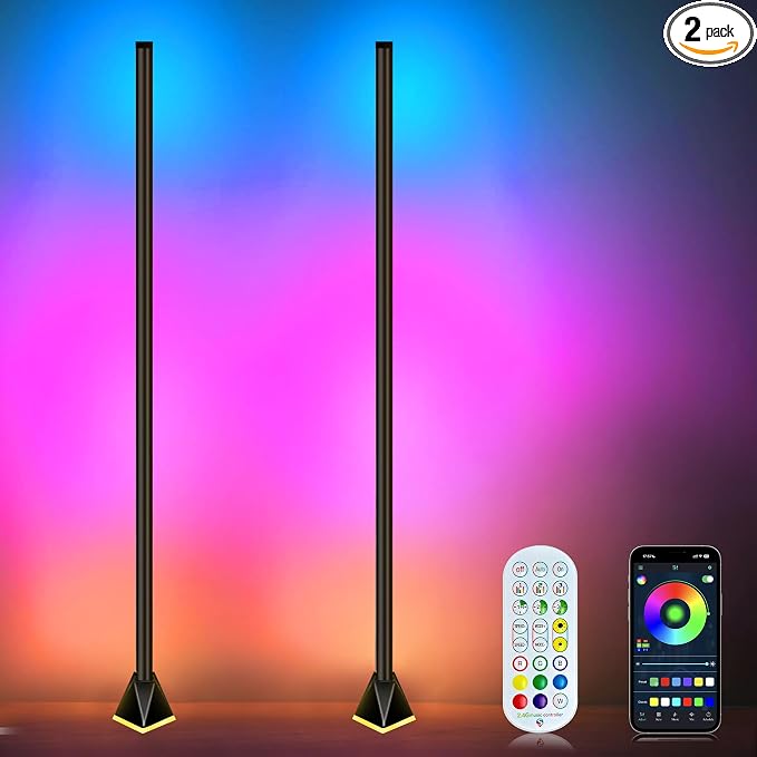 2 Pack Floor Lamp, Smart RGB LED Corner Lamp with App and Remote Control, Mood Lighting, 16 Million DIY Colors & 68+ Scene, Music Sync, Timer Setting for Living Rooms, Bedrooms, and Gaming Rooms