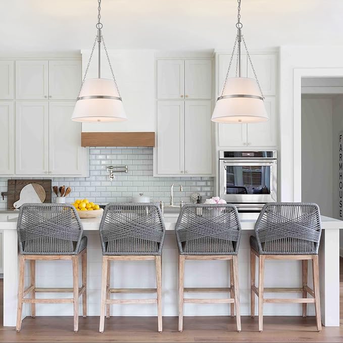 15" Brushed Nickel Drum Chandelier, Linen Pendant Light for Kitchen Island | Modern Transitional, White Linen Shade, 3 Side Chains, 4-Light, for Dining Room, Breakfast Nook, Adjustable Height, 15"W×28"H
