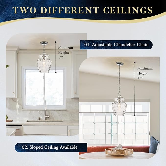 Chrome Hammered Glass Pendant Light for Kitchen Island, 9" Modern Hanging Lighting Fixture for Kitchen Sink Dining Room Entryway Hallway Bedroom, E26 Base
