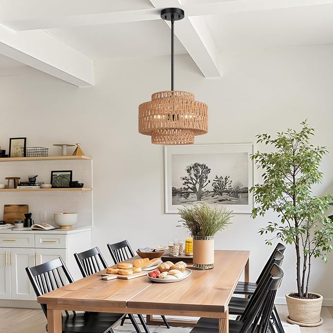 6"-41" Height Adjustable Farmhouse Chandelier Light Fixture, 3-Light Rattan Boho Chandeliers for Dining Room, Hand Woven Pendant Light with Linen Shade, Rustic Hanging Lighting for Kitchen Island