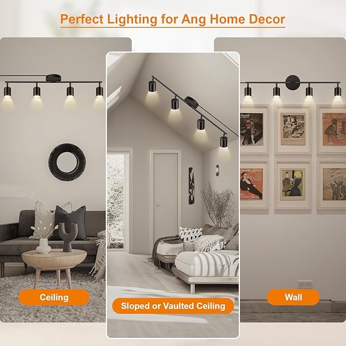 Plug in Track Lighting LED, Track Lighting Fixtures Ceiling, Black 4-Light Kitchen Light Kit, Plug in Wall Light with 14.8ft Power Cord, Rotatable Ceiling Spotlight for Bedroom(GU10 Socket, NO Bulb)