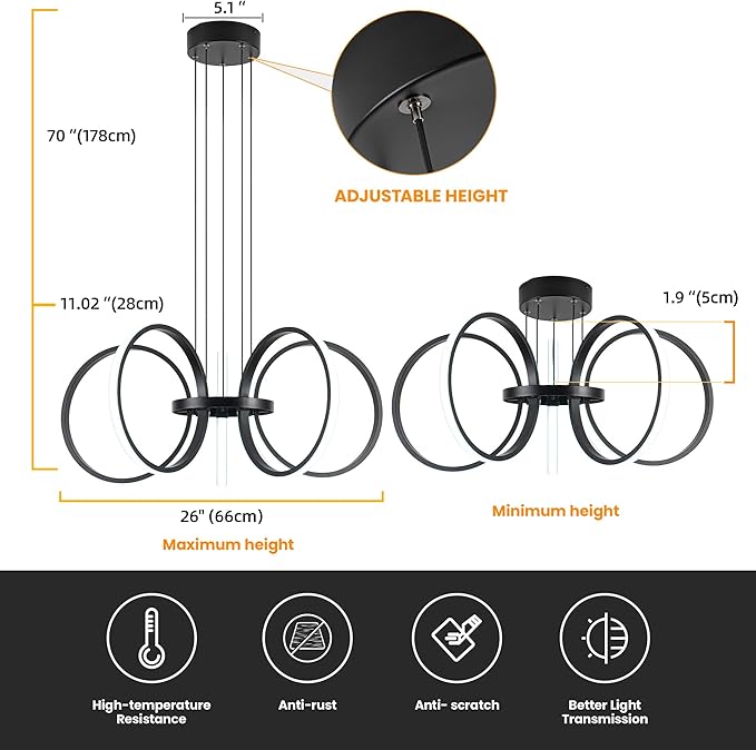 Mayful Modern LED Chandelier, Black Pendant Light with 5 Rings, Adjustable Height Modern Chandeliers for Dining Room Living Room Kitchen Bedroom Entryway,6000K Daylight