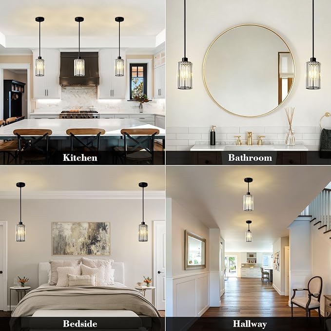 5.1" Mini Modern Black Crystal Kitchen Island Pendant Lights 3 Pack | Small Crystal Glass Shade, Sparkling Crystal Reflections, Customizable Hanging Height, Fits Most Ceilings, Matte Black Finish