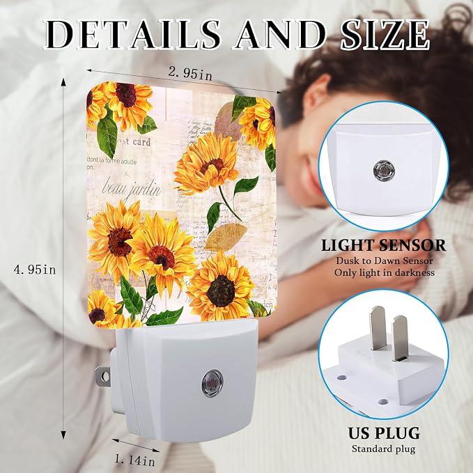 Watercolor Sunflower Night Light, Plug-into Wall Floral Nightlight Lamp with Dusk to Dawn Sensor, Led Lamp 0.5W Energy Efficient for Boys Girls Adults Home Decor