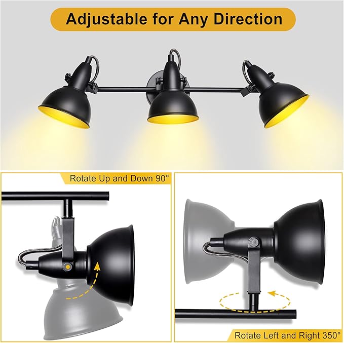 HiBay Retro LED Ceiling Spot Lights Fixtures, 3-Light Flexible Track Lighting Kit Black, Directional Spotlight for Kitchen Bedroom Dining Room, Candelabra E12 Base (No Bulbs)