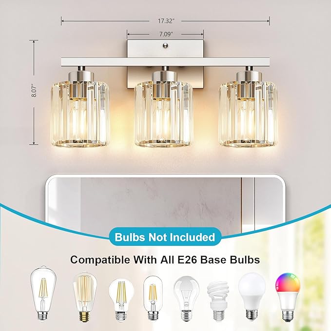 GOLSPARK Modern Crystal Bathroom Vanity Light, Brushed Nickel Bathroom Lighting fixtures Over Mirror, 3-Light Vanity Light Fixtures, E26 Base Crystal Round Shades for Bathroom, (Exclude Bulb)
