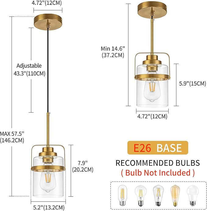 Modern Brass Pendant Lights Kitchen Island Light, Adjustable Hanging Light Fixture with Clear Glass Shade, Farmhouse Pendant Light for Dining Room Bar Over Sink/Table/Counter, 2 Pack