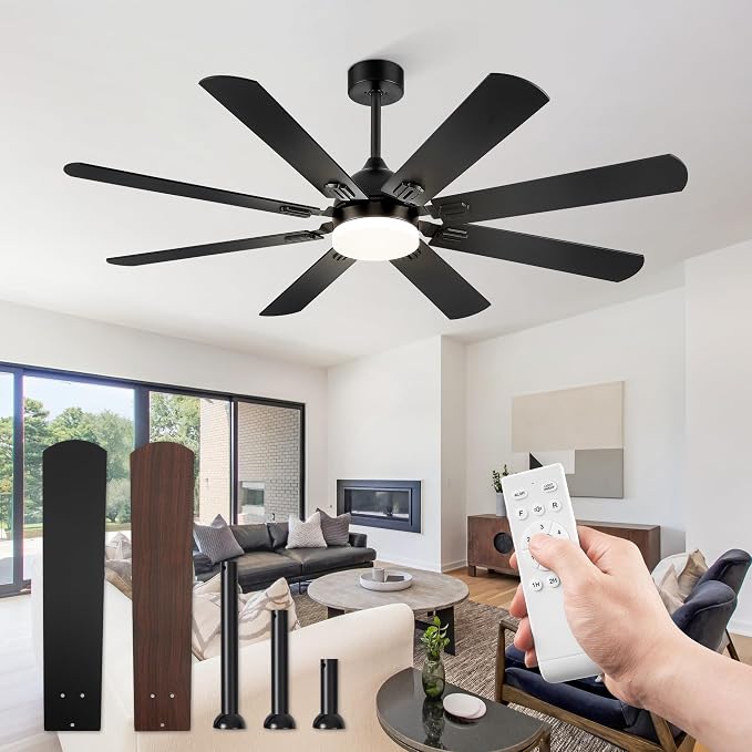 Fanbulous 62 Inch Outdoor Ceiling Fans with Lights,Black | Modern,6 Speeds,3CCT,Timer,Remote Control,Quiet Reversible DC motor,Large,8 Double-sided Blades,Easy Installation