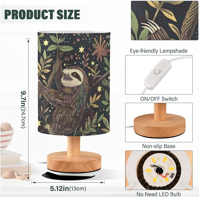 Sloth Plants Leaves Green and Black Bedside Table Lamps with USB Port for Bedroom Lamp Accent Table Lamp Small Nightstand Lamp Sturdy Linen Shade Wooden Decorative Lamps for Kids|Reading|Dorm|Home
