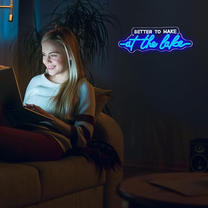 Allball Better To Wake At The Lake Neon Sign, USB Powered Dimmable LED Neon Light Lake House Decor, for Vacation Home And Room Bedroom Bar Garage Hotel Wall Decor, Gift for Lake Lovers(15.7 * 5.5 In)
