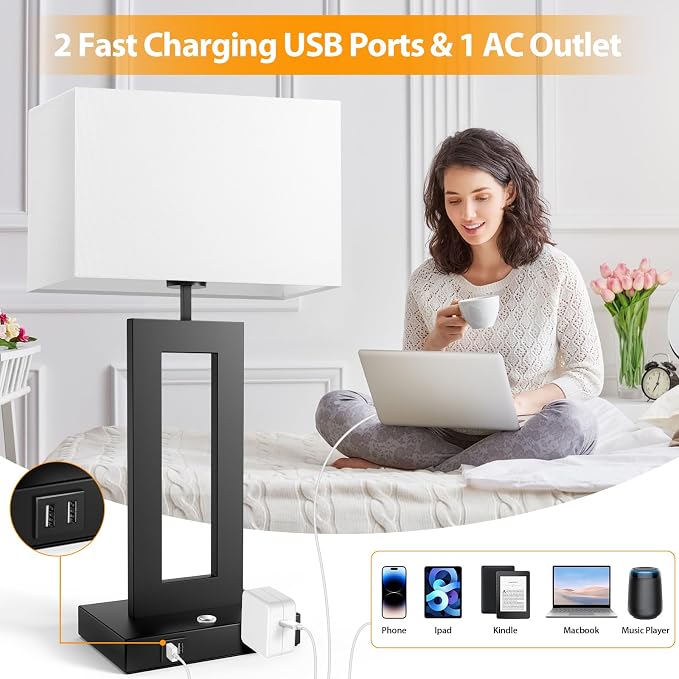 27.2’’ Tall Black Table Lamps for Living Room Bedroom, Bedside Touch Control Lamps with 2 USB Ports&AC Outlet, 3 Color Temp.&Stepless Dimming Desk Lamp Sets for Home Office, Pre-assembled White Shade