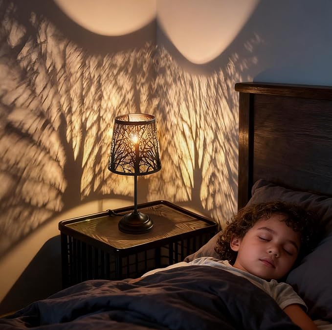 3 Level Dimmable Touch Table Lamp, Black Metal Tree Pattern Shadow Lamp, Small Bedside Night Light for Kids, Vintage Accent Decor Lamp Halloween Indoor Mood Lighting Bedroom Living Room Small Spaces