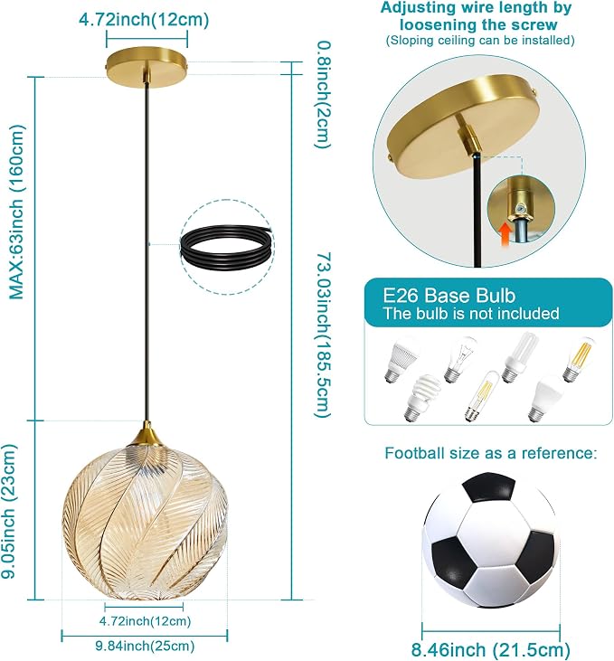 Amber Glass Pendant Lights Kitchen Island Gold Hanging Ceiling Light 9.84" | 1 Pack, Adjustable height, Dimmable, E26 bulbs, Rust-resistant Damp Rated For Bathrooms, 5-Year Warranty, UL Certification