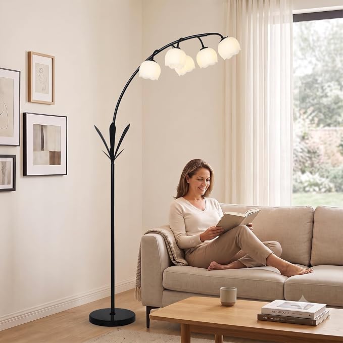 HMVPL Black Floor Lamp for Living Room, Flower Floor Lamp with 5 G9 LED Bulbs, Foot Switch, Arc Standing Lamp with Acrylic Shade,Marble Base, Cute Tall Lamp for Living Room Corner Bedroom Reading Home
