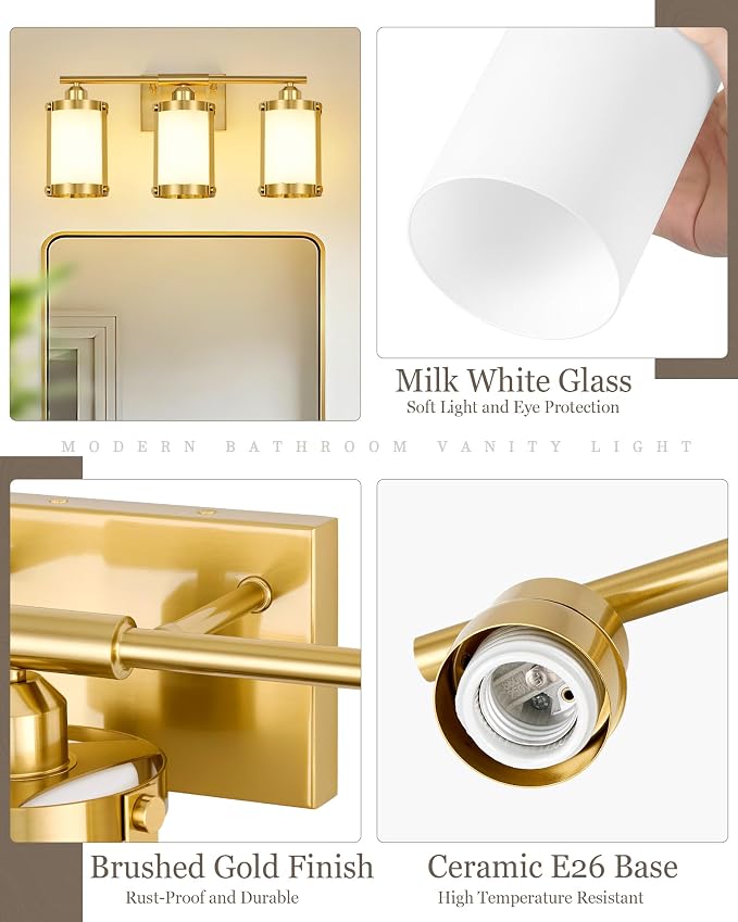 3-Light Brushed Gold Bathroom Light Fixtures with Milk Frosted Glass, 21" Modern Bathroom Vanity Lighting Fixtures Over Mirror with Metal Cage, Wall Sconce Lights for Bath, E26, OS-3014BGW-3W