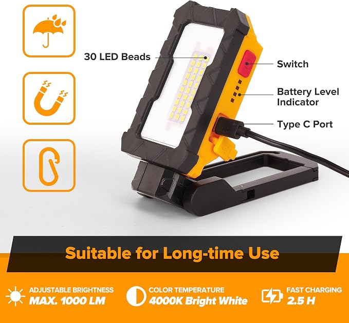 LUTEC Rechargeable Work Light, 1000 Lumens LED Magnetic Light with Magnetic Base and Hanging Hook，360°Rotate and 200°Swivel for Car Repair, Emergency and Camping-2 Pack (Orange)