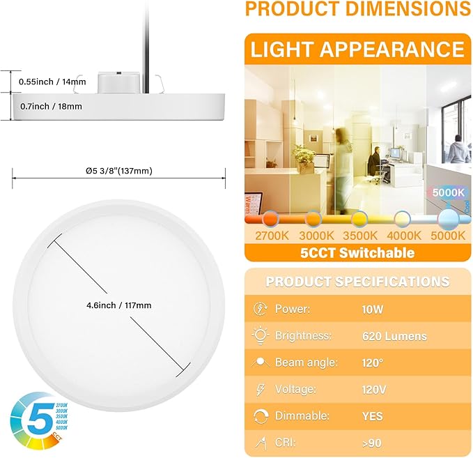 5 Inch Field Selectable 5CCT LED Edgelit Slim Surface Mount Downlight for J-Box, Round, Mini Flat Panel Light, Dimmable, 120VAC, 10W, 620LM, CRI90, ETL, Wet Location, White, 12 Packs