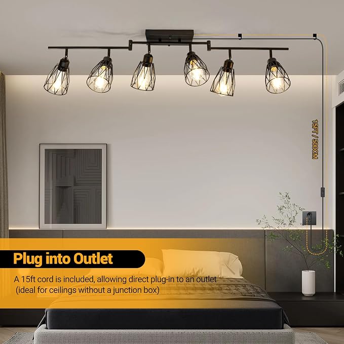 6-Light Plug in Track Lighting with Power Cord, Black (No Bulbs) | Plug in Ceiling Light Flush Mount, LED Track Lighting Fixtures for Kitchen Farmhouse, E26 Track Light Kit with Metal Cage
