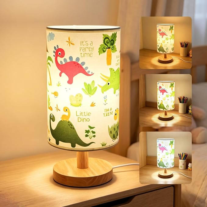Dinosaur Lamp,Dinosaur Kids Table Lamps for Bedroom Boys Bedside Lamp,Dino Gifts for Kids,3-Colors Mode Nightstand Night Light with Cartoon Lampshade LED Desk Lamp for Girls Boys Room Nursery Decor