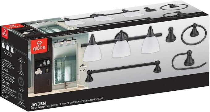 Globe Electric 51227 Jayden 5-Piece All-In-One Bathroom Set, Oil Rubbed Bronze, 3-Light Vanity Light with Frosted Glass Shades, Towel Bar, Toilet Paper Holder, Towel Ring, Robe Hook, Bulb Not Included