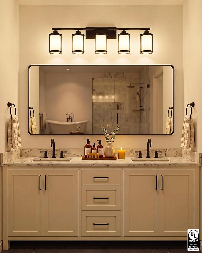 5-Light Oil Rubbed Bronze Bathroom Light Fixtures Over Mirror with Frosted Milk Glass and Metal Cage Shade, 38" UL-Listed Modern Farmhouse Wall Sconce for Bath, Hardwire E26, OS-3014ORBW-5W