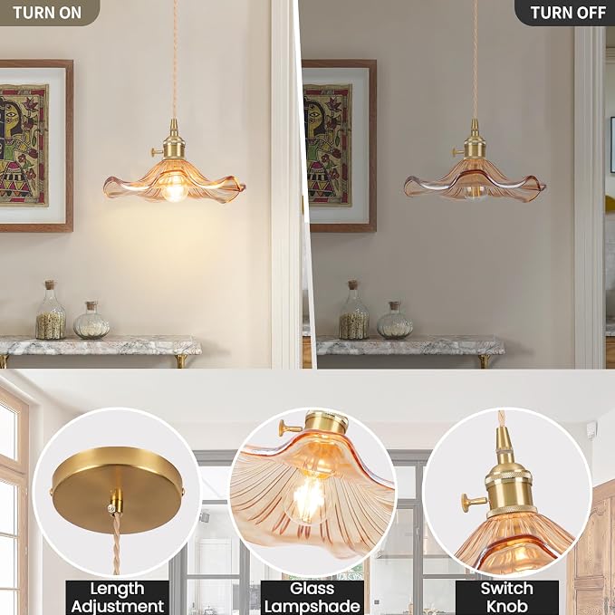 Glass Pendant Light Vintage Light Fixtures,Amber Modern Chandelier Pendant,E26 8.8" Adjustable Hanging Light,Flower Pendant Lights Kitchen Island for Farmhouse Entryway Dining Room 1 Light