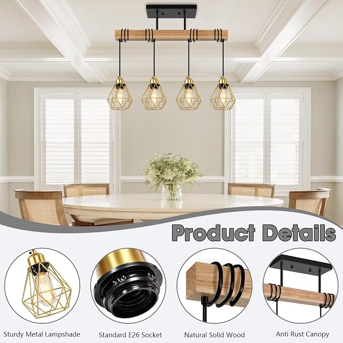 4-Lights Island Lights for Kitchen, Black and Gold Pendant Light Fixtures, Farmhouse Dining Room Light Fixtures Over Table with Metal Shade, Pendant Lighting for Kitchen Island, Living Room