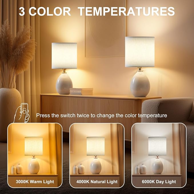18.5" Table Lamps Set of 2 for Living Room Bedroom, Bedside Lamps for Night Stands, Modern Linen White Ceramic Lamps