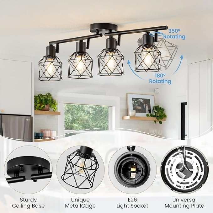 4-Light Kitchen Track Lighting, Island Lights, Farmhouse Ceiling Light | Adjustable Light Heads Rotate To Direct Light Where Needed, With Standard E26 Base For Kitchen Hallway Dining Room