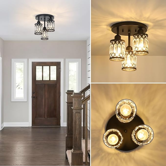 PAUFUL Semi Flush Mount Ceiling Light,3-Light Modern Crystal Close to Ceiling Light Fixtures, Black Kitchen Light Fixtures with Clear Crystal Shade,Hallway Light Fixtures for Hallway Bedroom Bathroom