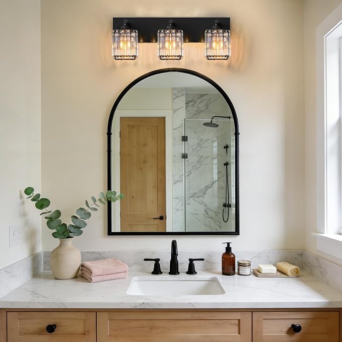 Black Crystal Bathroom Vanity Light, 3-Light Modern Bathroom Lighting Fixtures Over Mirror, Matte Black Wall Sconce Light Fixtures with Square Shade
