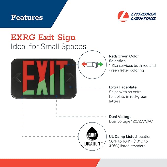 Lithonia Lighting EXRG B EL M6 LED Exit Sign with Switchable Red and Green Letters, California Certified, Nickel Metal Hydride Battery, Black