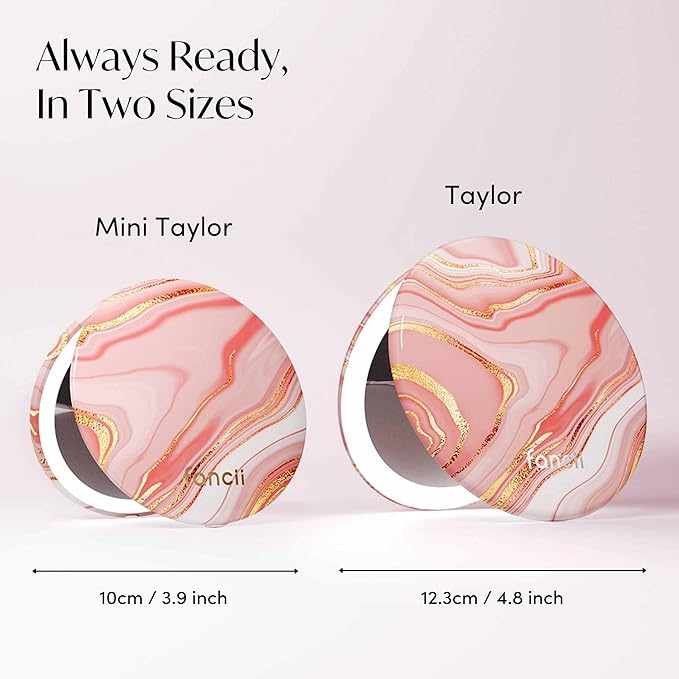Fancii Mini Taylor Compact Magnifying Mirror with LED Light, 10x/1x, Rechargeable, 3 Light Settings, Dimmable - Small Lighted Travel Handheld Mirror for Pocket, Handbag, Purse, 2-Sided (Marble Rose)