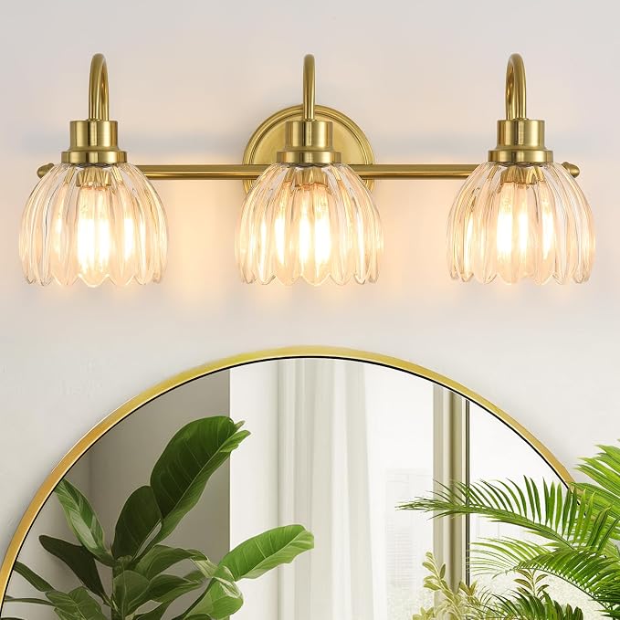 Bathroom Light Fixtures (3-Light, 20 Inch), Brushed Gold Vanity Lights for Bathroom with Ribbed Clear Tulip Glass Shade, Vintage Vanity Wall Lights for Mirror Bedroom Living Room Hallway