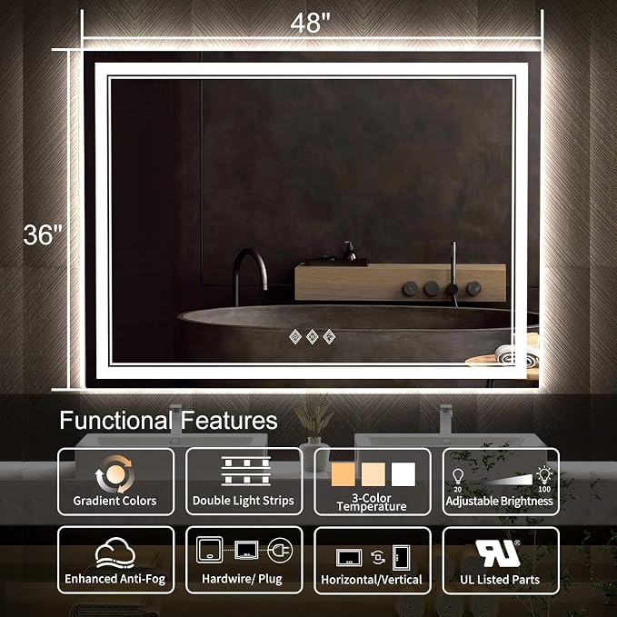 LED Mirror for Bathroom, 48x36 Inch Gradient Front and Backlit Bathroom Mirror, 3 Colors Dimmable CRI>90 Double Lights, IP54 Enhanced Anti-Fog, Hanging Plates Wall Mount LED Vanity Mirror