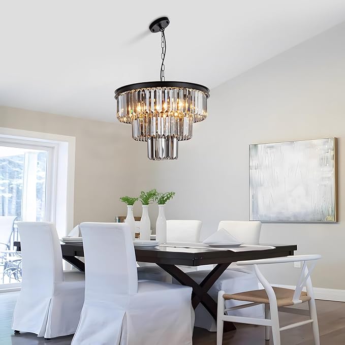 8 Light Black Crystal Chandelier 20'' Luxury Smoke Modern Dining Room Light Fixture 3-Tier Round Hanging Pendant Ceiling Lighting for Entryway Foyer Living Room Adjustable Height E12