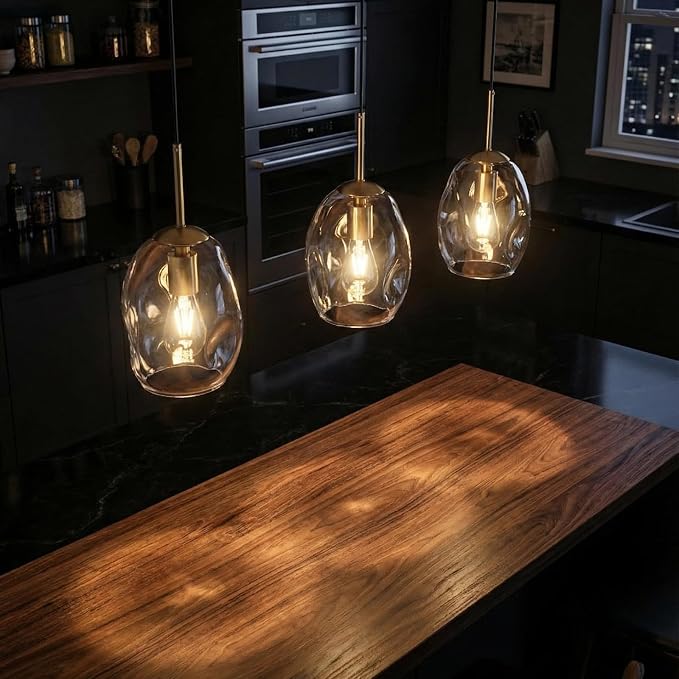 Modern Clear Glass Pendant Lights for Kitchen Island, E26 Base | H8.6 Inch Hand Blown Ideal for Bedroom/Hallway/Bathroom/Dining Room/Foyer, Organic Globe Adjustable Hanging Height Fixtures