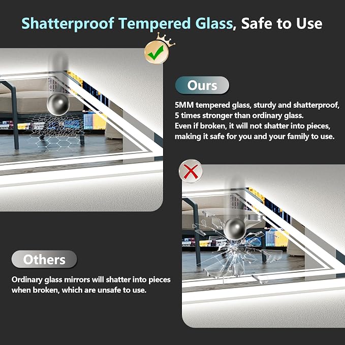24x30 LED Bathroom Mirror, Backlit & Front Lit Lighted Mirror | Anti-Fog Vanity Mirror with Lights, 3 Color Dimmable, Memory, HD Tempered Glass, CRI95, IP54, UL Listed, Horizontal/Vertical